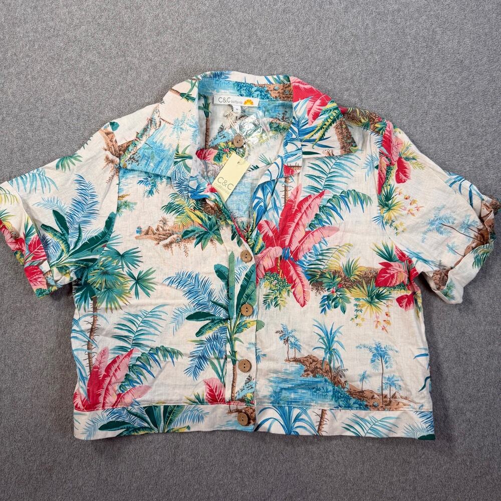 C&C California Women's Medium Tropical Button Up Shirt Linen Blend Short Sleeve